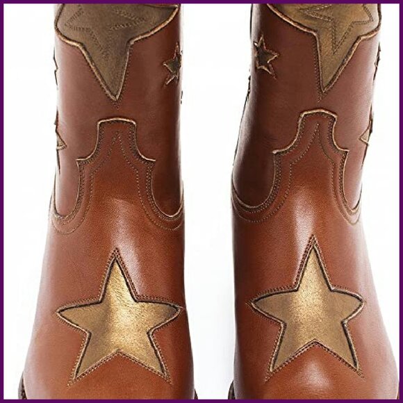 Women's Star Cowboy Boots Pointed Toe Chunky Low Heel Pull-On Wide Calf - Picture 5 of 8